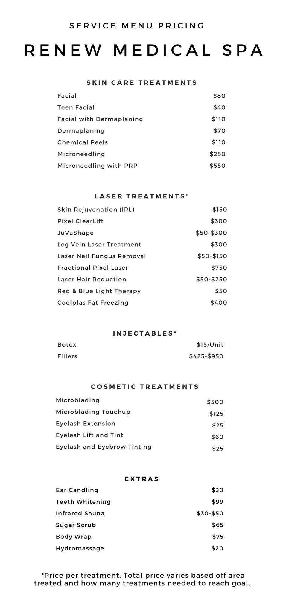 Spa pricing for website